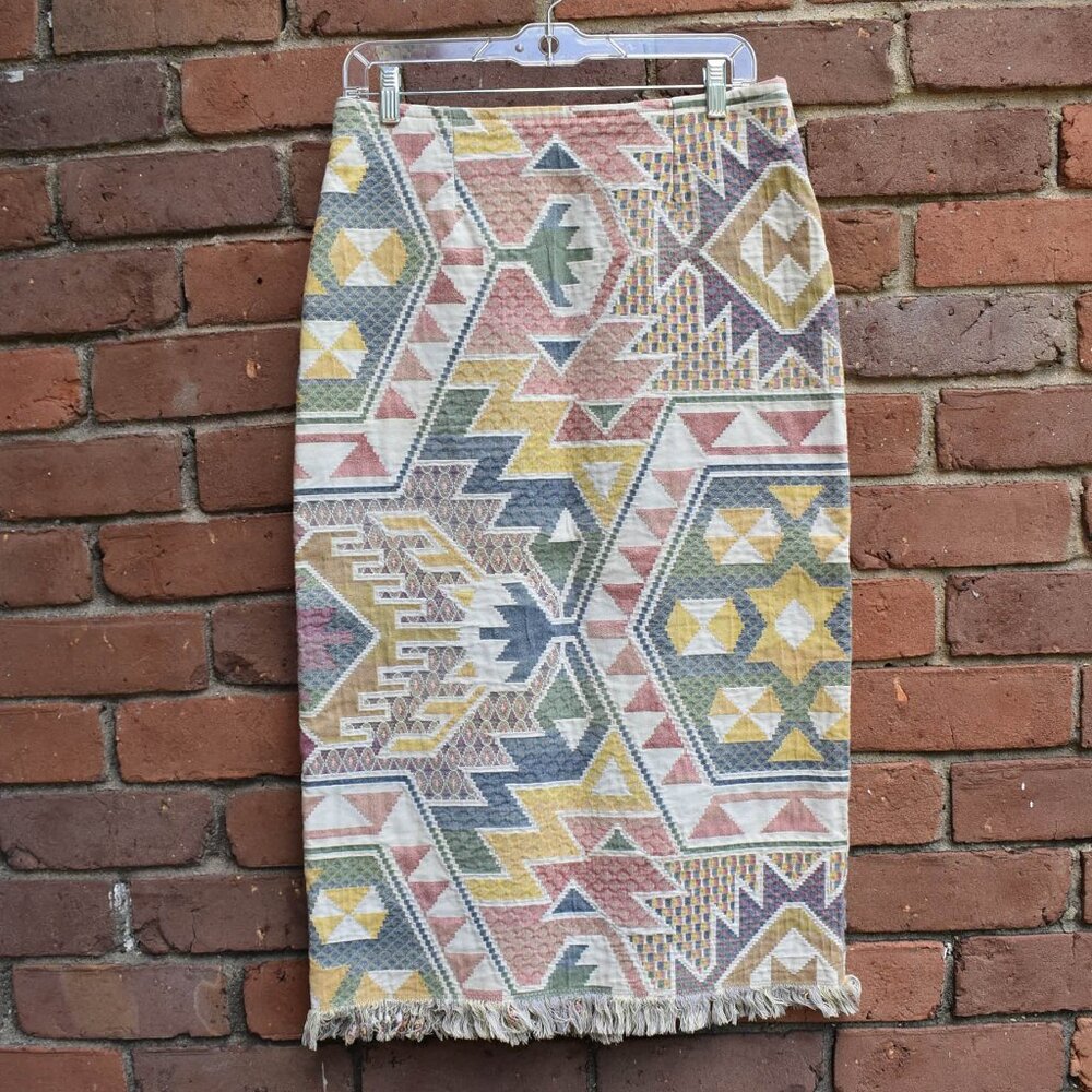 Western Tribal Print Pencil Skirt Fringe Hem Size 12